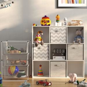 Shelf with toys in kids room.
