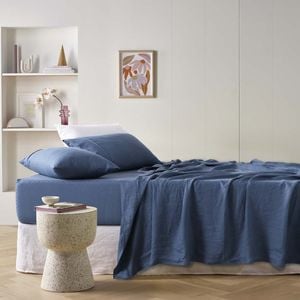 Vintage Design Homewares Single Navy Blue Brilliant Blue French Linen Sheet Set