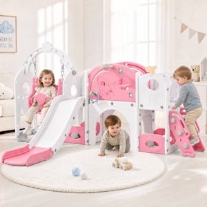 Advwin 10-in-1 Kids Slide Swing Set Activity Centre Pink