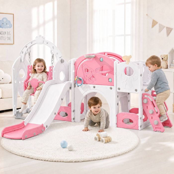 Advwin 10-in-1 Kids Slide Swing Set Activity Centre Pink