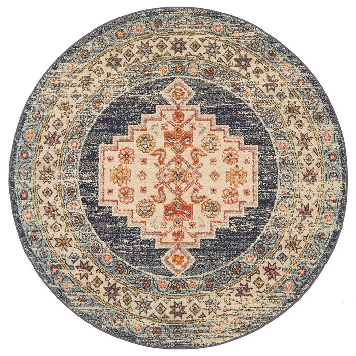 The Rug Connection Heritage 855 Navy 150x150cm - Small Round Transitional Pet Friendly Indoor Rug
