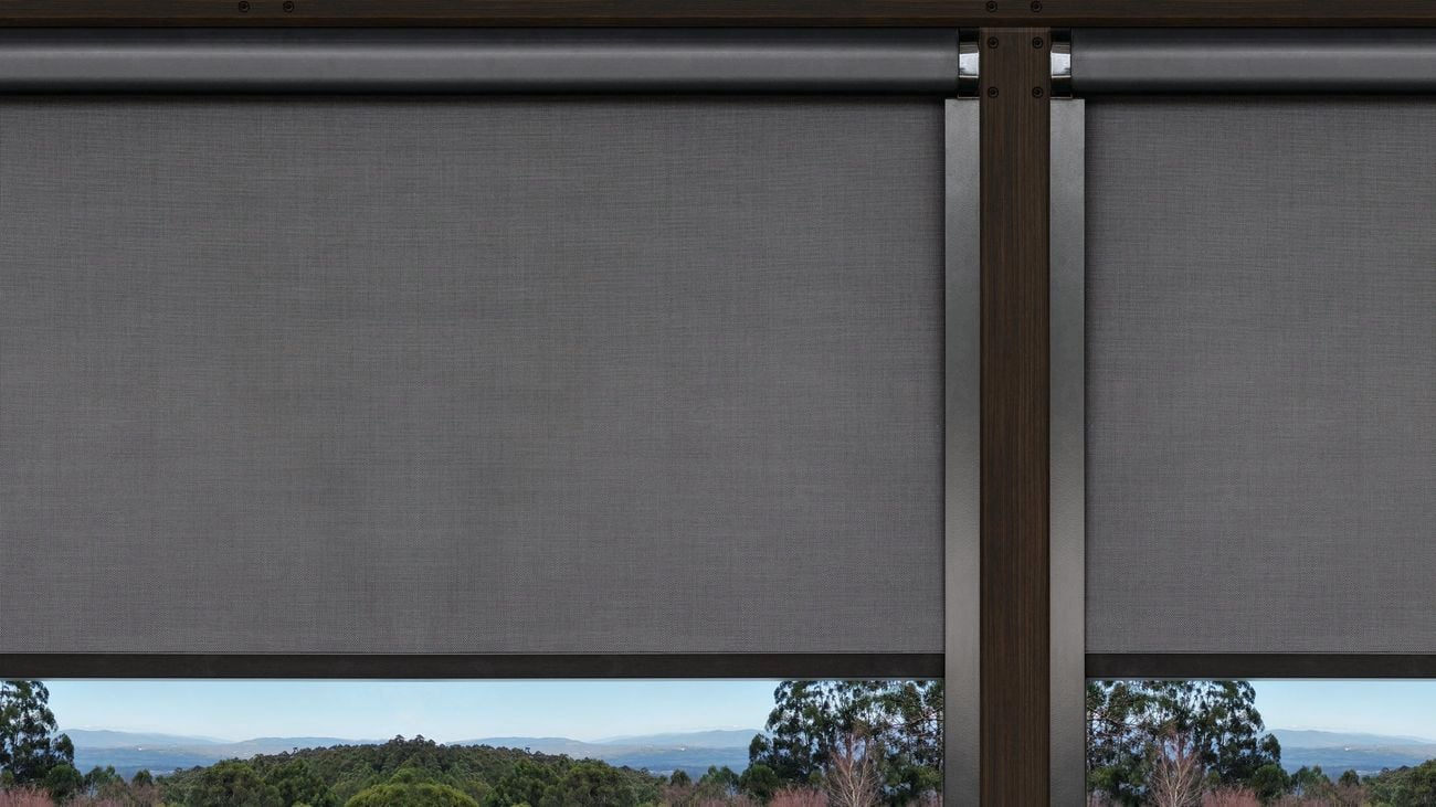 Charcoal cafe blinds rolled up 