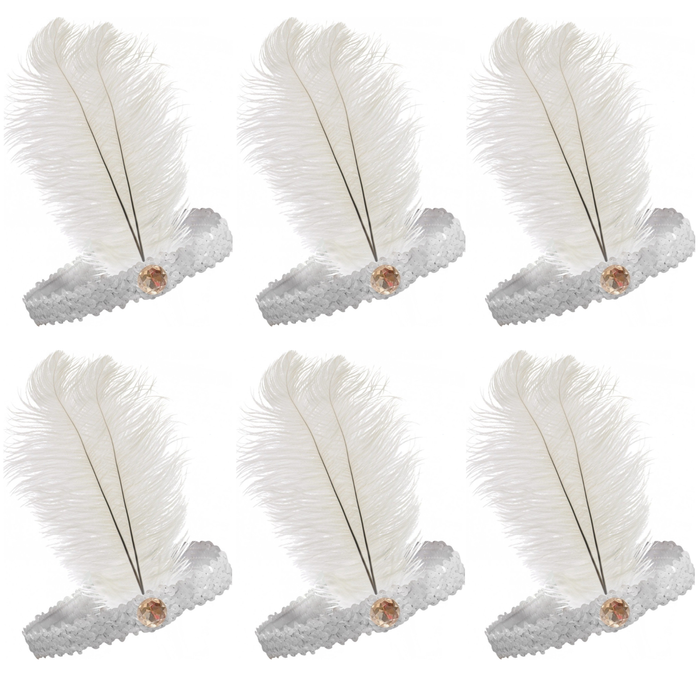 6x 1920s FLAPPER HEADBAND Headpiece Feather Sequin Charleston Costume Party BULK White