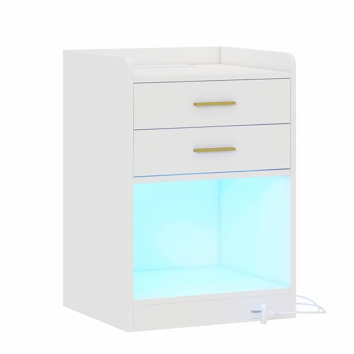 Small Nightstand with Charging Station LED Bedside Table with 2 Drawers & Shelf Whtie