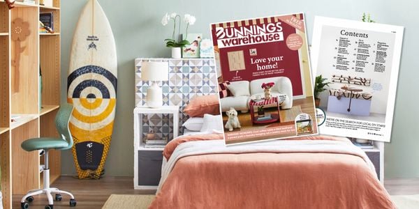 Styled bedroom with desk and surfboard with magazine overlay.