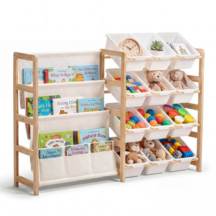 Playpals Montessori Toy Storage Organizer with Bookshelf Wooden Kids Book Rack and 12 Toy Bins