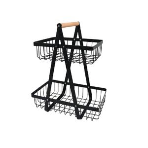 CARLA HOME 2-Tier Fruit Basket Stand for Kitchen Countertop for Fruits, Vegetables, Bread & Snacks with Wooden Handle