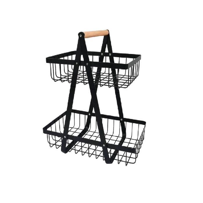 CARLA HOME 2-Tier Fruit Basket Stand for Kitchen Countertop for Fruits, Vegetables, Bread & Snacks with Wooden Handle