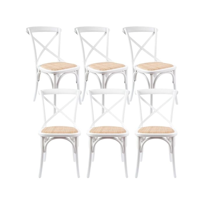 Aster Crossback Dining Chair Set of 6 Solid Birch Timber Wood Ratan Seat - White