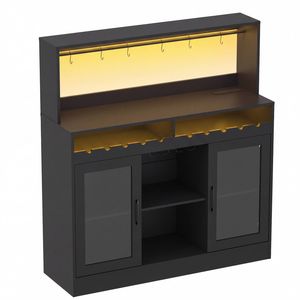 Ufurniture Wine Bar Cabinet with LED Lights & Power Outlet Wine Rack Glass Holder 2 Door for Home Dining Room, Black