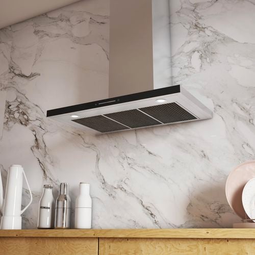 Marble look splashback with 90cm canopy rangehood in stainless steel