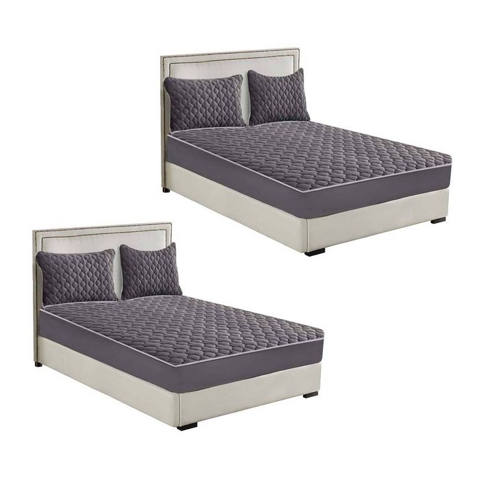 SOGA 2 Pack Grey King Clover Quilted Fleece Mattress Cover Sets with 4 Pillowcases