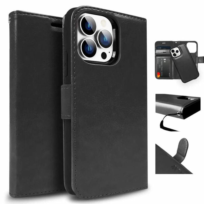 Tough On for Apple iPhone 15 Pro Case Magnetic Detachable Leather Black