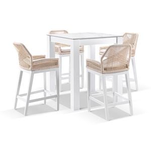 Hugo Ceramic Square Aluminium Bar Table White With 4 Rope Stools & Cream Rope/cream Cushions