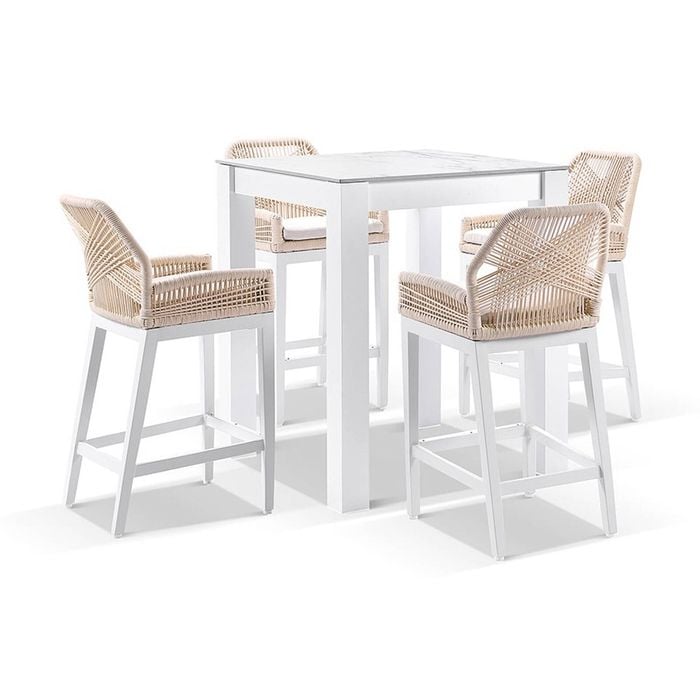 Hugo Ceramic Square Aluminium Bar Table White With 4 Rope Stools & Cream Rope/cream Cushions