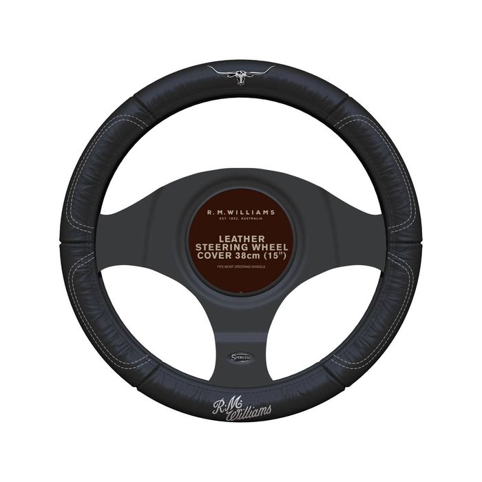R.M.Williams 15'' Car Leather Steering Wheel Cover Black 38cm