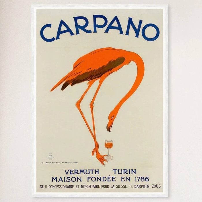 Galrie Carpano Vermouth Flamingo Vintage Advertising Poster for Collectors and Home Décor, White Frame, 50 x 70cm (20 x 28inch)