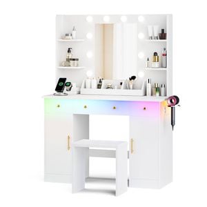 Advwin Dressing Table with Mirror and Lights RGB Ambient, Makeup Vanity Desk Set with Charging Station White