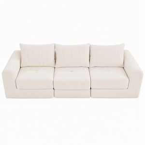 Ufurniture 235cm 3 Seater Sofa Corduroy Modular Compressed Large Couch Recliner No Assembly Beige