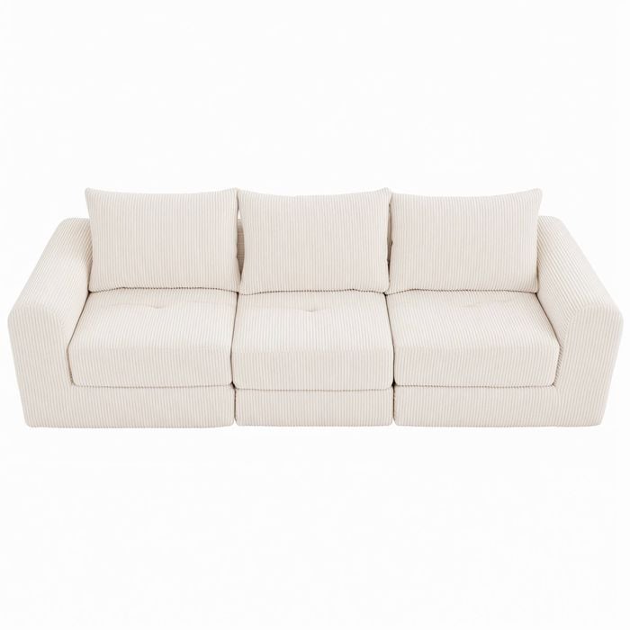 Ufurniture 235cm 3 Seater Sofa Corduroy Modular Compressed Large Couch Recliner No Assembly Beige