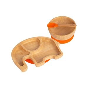 Tiny Dining Children's Bamboo Elephant Plate, Bowl and Spoon with Suction Cups - Segmented Design, - Orange