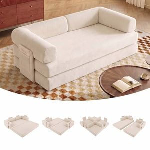 Advwin 5 in 1 Folding 2 Seater Sofa Bed Corduroy Convertible Floor Lounge Fold Out Sleeper Couch Beige