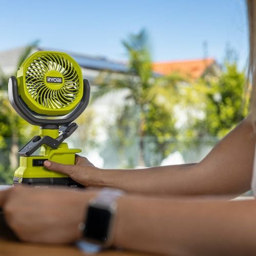 RYOBI ONE+ 18V Cordless Clamp Fan – 10cm Portable Fan, 2‑Speed, Fits Anywhere