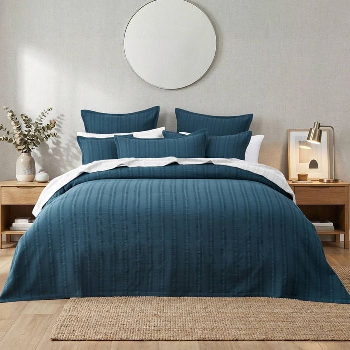Bianca Ashcombe Blue Yarn Dyed Cotton Waffle Bedspread Set Queen