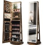 Costway Revolving Mirror Cabinet Jewelry Storage Shelves Brown