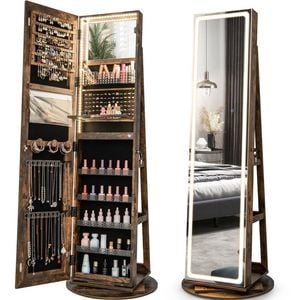 Costway Revolving Mirror Cabinet Jewelry Storage Shelves Brown