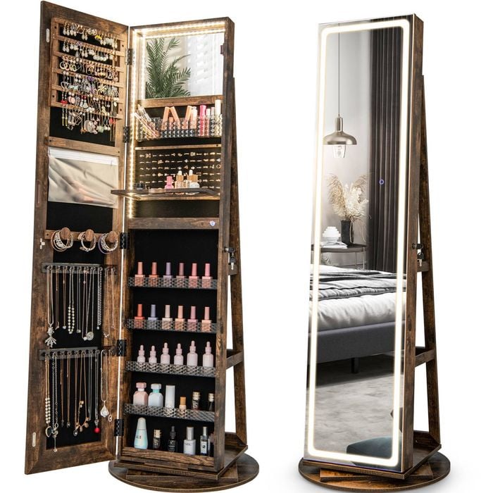 Costway Revolving Mirror Cabinet Jewelry Storage Shelves Brown