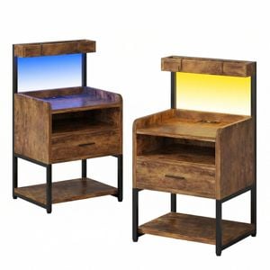Advwin 2xbedside Table With Charging Station And Led Lights 1 Drawer And Top Storage Groove Walnut