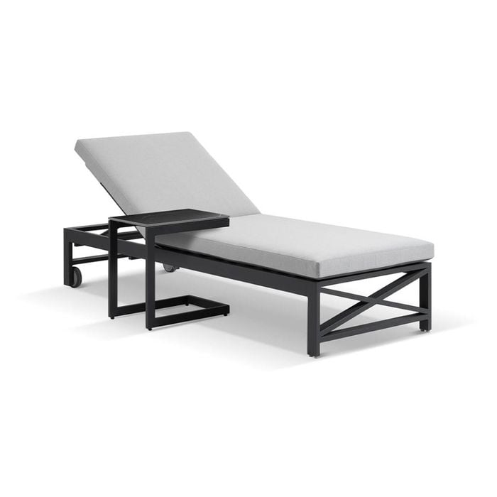 Kansas Outdoor Aluminium Sun Lounge On Wheels Charcoal With Hugo Slide Under Side Table & Olefin Grey Cushions