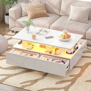 Advwin LED Coffee Table w/ 4 Storage Drawers High Gloss Central Table w/ Open Display Shelf White