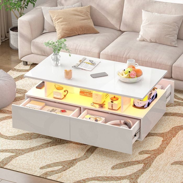 Advwin LED Coffee Table w/ 4 Storage Drawers High Gloss Central Table w/ Open Display Shelf White