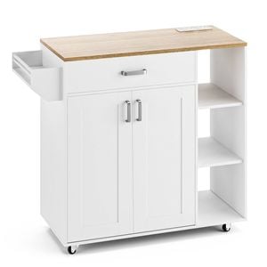 Advwin Kitchen Island Cart on Wheels with Charging Station Adjustable Shelves Spice Rack & Wood Top White