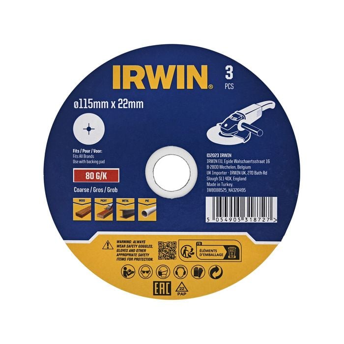 IRWIN 115mm 80 Grit Fibre Sanding Disc - 3 Pack