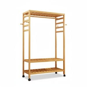 3-Tier Wooden Clothes Rack Rolling Garment Stand w/ Hooks