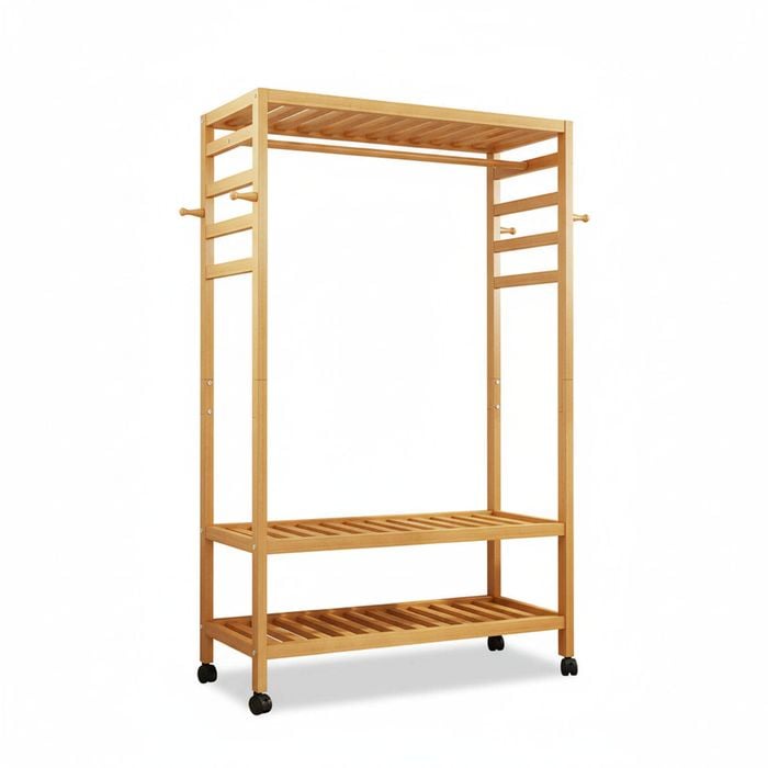 3-Tier Wooden Clothes Rack Rolling Garment Stand w/ Hooks