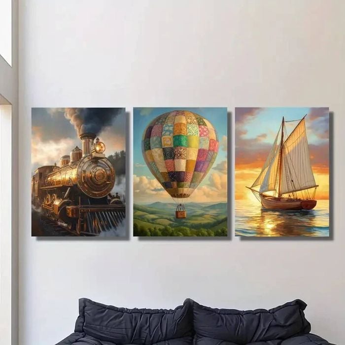 3pcs Steam Train, Hot Air Balloon Sailboat Print 100% Australian Made 3 x 40x60cm (Metal Print)