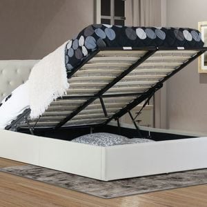 Istyle Chester Queen Gas Lift Ottoman Storage Bed Frame Fabric Beige