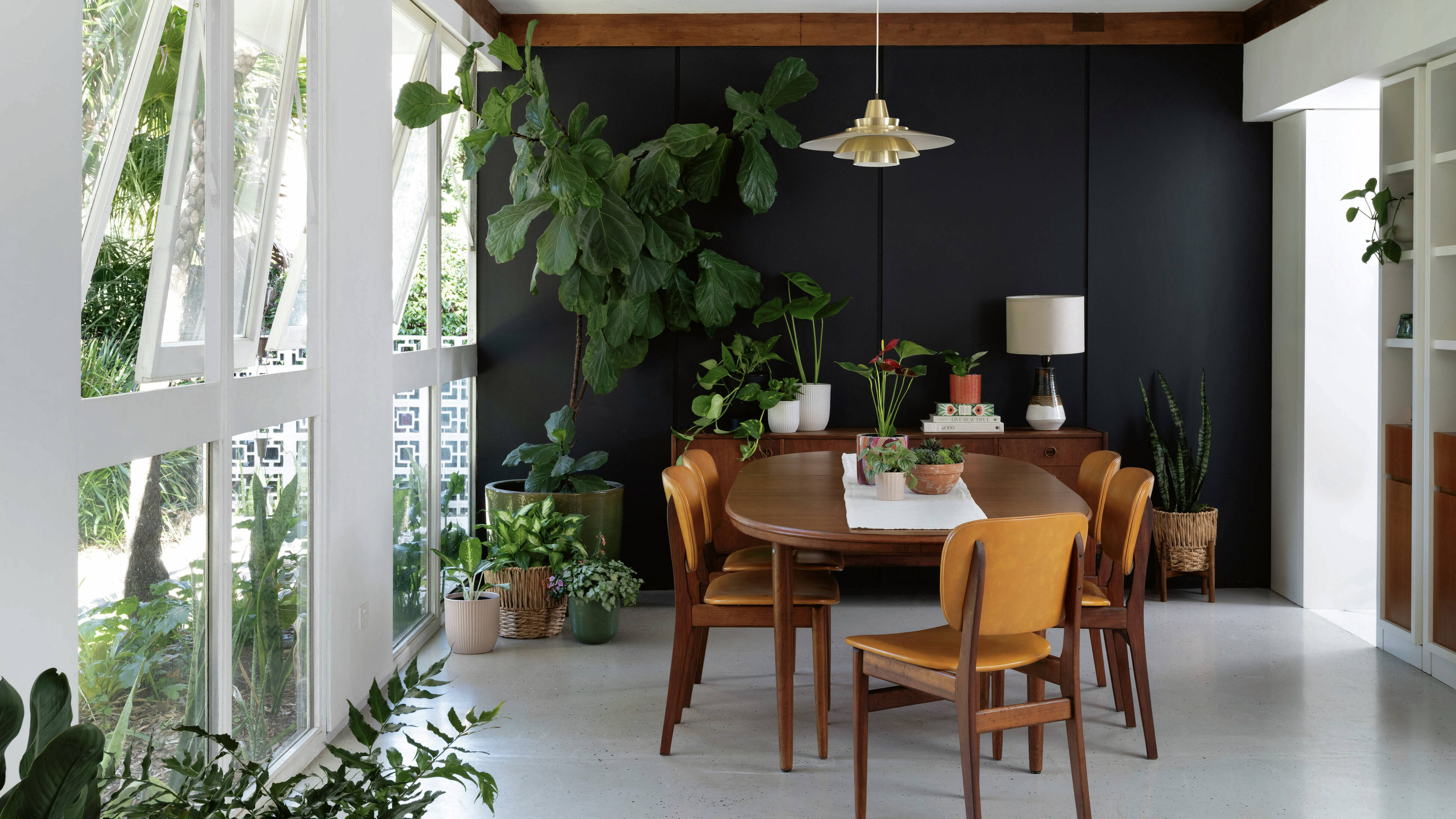Dining room with open windows and indoor plants