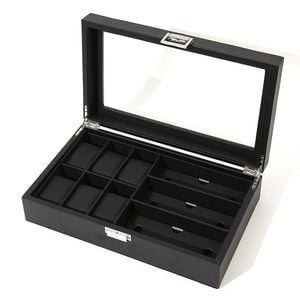 Catzon Watch Box With Glass Window Weaving Texture Watch Jewelry Organizer-6+3slot