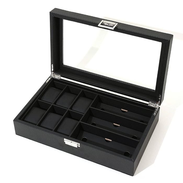 Catzon Watch Box With Glass Window Weaving Texture Watch Jewelry Organizer-6+3slot