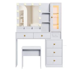 Ufurniture Dressing Table with RGB Ambient Light LED Makeup Mirror and Glass Display Cabinet White