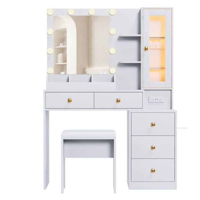 Ufurniture Dressing Table with RGB Ambient Light LED Makeup Mirror and Glass Display Cabinet White