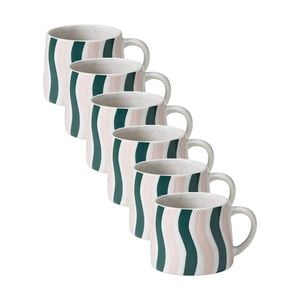 6pk Porto Carnevale Stoneware Coffee Mug Green/pink Wave Stripe 320ml