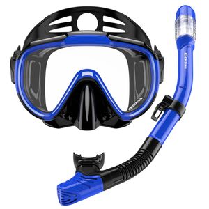 EMSINA Dry Snorkel Set with Panoramic Anti-Fog Diving Mask - Royal Blue