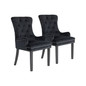 La Bella 2 Set Black French Provincial Dining Chair Ring Studded Lisse Velvet Rubberwood