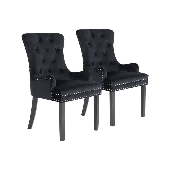 La Bella 2 Set Black French Provincial Dining Chair Ring Studded Lisse Velvet Rubberwood